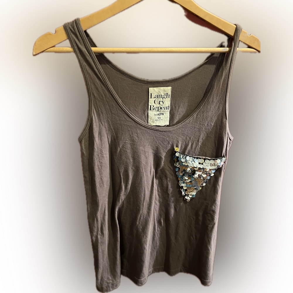Boutique gray tank silver tank w sequined triangle pocket SIZE XS